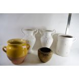 CERAMIC POTS, WHITE AND BROWN GLAZED