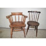 VINTAGE CAPTAIN'S CHAIR, WIDTH APPROX 62CM, TOGETHER WITH A FURTHER STICK BACK KITCHEN CHAIR