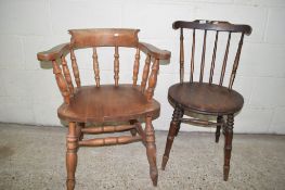 VINTAGE CAPTAIN'S CHAIR, WIDTH APPROX 62CM, TOGETHER WITH A FURTHER STICK BACK KITCHEN CHAIR