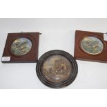 THREE POT LIDS MAINLY WITH SAILING SHIPS IN WOODEN FRAMES
