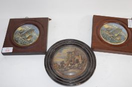 THREE POT LIDS MAINLY WITH SAILING SHIPS IN WOODEN FRAMES