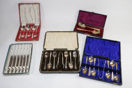 BOX CONTAINING BOXED PLATED SPOONS AND OTHER FLATWARES
