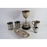 PLATED ITEMS AND A SILVER CANDLE HOLDER WITH ASSAY MARKS FOR CHESTER