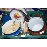 BOX CONTAINING CERAMICS AND KITCHEN WARES, SET OF SAUCEPANS ETC