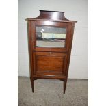 EDWARDIAN MAHOGANY MUSIC CABINET WITH GLAZED CUPBOARD ABOVE A FALL FRONT WITH STRUNG AND INLAID