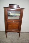 EDWARDIAN MAHOGANY MUSIC CABINET WITH GLAZED CUPBOARD ABOVE A FALL FRONT WITH STRUNG AND INLAID