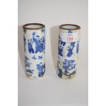 TWO CHINESE PORCELAIN CYLINDRICAL BLUE AND WHITE VASES