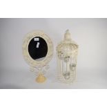 MIRROR IN WHITE METAL FRAME TOGETHER WITH A BIRDCAGE WITH GLASS MOUNTS