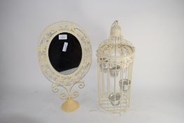 MIRROR IN WHITE METAL FRAME TOGETHER WITH A BIRDCAGE WITH GLASS MOUNTS