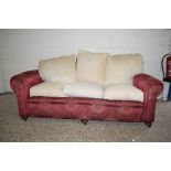 THREE SEATER SOFA RAISED ON MAHOGANY BUN FEET, LENGTH APPROX 182CM