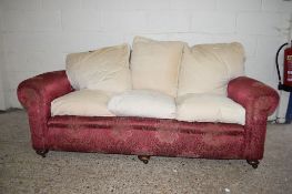 THREE SEATER SOFA RAISED ON MAHOGANY BUN FEET, LENGTH APPROX 182CM