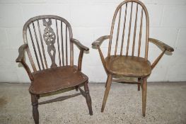 VINTAGE WINDSOR STYLE CHAIR TOGETHER WITH WHEEL BACK ARMCHAIR, EACH APPROX WIDTH 64CM MAX