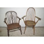 VINTAGE WINDSOR STYLE CHAIR TOGETHER WITH WHEEL BACK ARMCHAIR, EACH APPROX WIDTH 64CM MAX