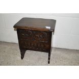 HEAVILY CARVED SMALL STORAGE CHEST WITH STILE FEET, WIDTH APPROX 39CM MAX