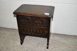 HEAVILY CARVED SMALL STORAGE CHEST WITH STILE FEET, WIDTH APPROX 39CM MAX