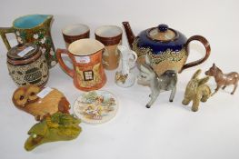 CERAMIC WARES INCLUDING TWO DOULTON BEAKERS AND A DOULTON SLATERS PATENT STYLE TEA POT AND COVER