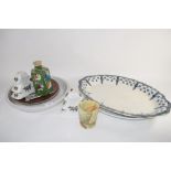 CERAMICS INCLUDING TWO LARGE SERVING DISHES, ONYX VASE AND CHINESE PORCELAIN FAMILLE ROSE PLATE (A/