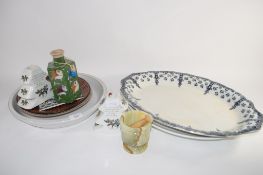 CERAMICS INCLUDING TWO LARGE SERVING DISHES, ONYX VASE AND CHINESE PORCELAIN FAMILLE ROSE PLATE (A/