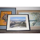 FOUR PRINTS, ONE OF A PARISIAN SCENE, AND TWO OF CASTLES IN WOODEN FRAMES