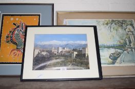 FOUR PRINTS, ONE OF A PARISIAN SCENE, AND TWO OF CASTLES IN WOODEN FRAMES