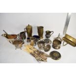 BOX CONTAINING SILVER PLATED ITEMS, GRAVY BOAT, ETC