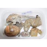 BOX CONTAINING QUARTZ EGG AND OTHER CARVED STONE ITEMS