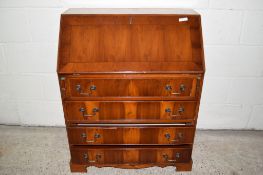 MAHOGANY EFFECT DROP FRONT BUREAU WITH PART FITTED AND LEATHER INSET INTERIOR, WIDTH APPROX 75CM