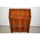 MAHOGANY EFFECT DROP FRONT BUREAU WITH PART FITTED AND LEATHER INSET INTERIOR, WIDTH APPROX 75CM