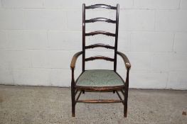 EARLY 20TH CENTURY LADDER BACK OAK BEDROOM CHAIR, HEIGHT APPROX 102CM