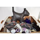 BOX CONTAINING METAL WARES AND CERAMIC ITEMS, CORKSCREWS, BOTTLE OPENERS, CHINA FIGURES ETC
