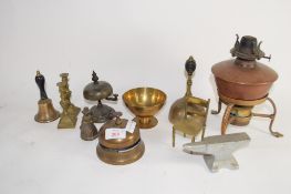 METAL ITEMS INCLUDING A BELL, TWO SMALL CANDELABRA