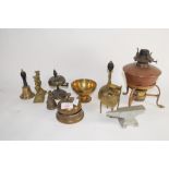 METAL ITEMS INCLUDING A BELL, TWO SMALL CANDELABRA