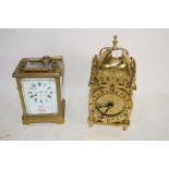 TWO CLOCKS, CARRIAGE CLOCK AND A FURTHER SKELETON LANTERN CLOCK