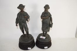 PAIR OF SPELTER FIGURES OF MAN AND GIRL