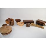 BOX CONTAINING TREEN ITEMS, TWO SMALL BOXES, BOX OF PLATED FISH KNIVES ETC