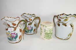 TRAY CONTAINING THREE STAFFORDSHIRE JUGS WITH GILT AND FLORAL DESIGN AND FURTHER MASONS POT