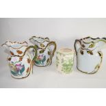 TRAY CONTAINING THREE STAFFORDSHIRE JUGS WITH GILT AND FLORAL DESIGN AND FURTHER MASONS POT