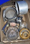 LARGE BOX CONTAINING METAL SAUCEPANS AND OTHER KITCHEN ITEMS