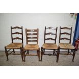 HARLEQUIN SET OF FOUR OAK RUSH SEATED DINING CHAIRS, EACH HEIGHT APPROX 97CM