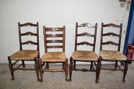 HARLEQUIN SET OF FOUR OAK RUSH SEATED DINING CHAIRS, EACH HEIGHT APPROX 97CM