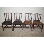 SET OF FOUR UPHOLSTERED RUSTIC DINING CHAIRS, HEIGHT APPROX 88CM