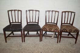 SET OF FOUR UPHOLSTERED RUSTIC DINING CHAIRS, HEIGHT APPROX 88CM