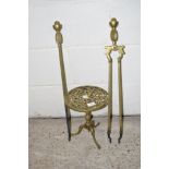 BRASS TRIVET, DIAM APPROX 22CM, TOGETHER WITH A LARGE PAIR OF TONGS AND POKER