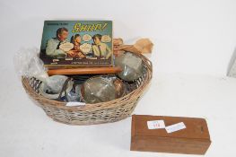 WICKER BASKET CONTAINING ITEMS INCLUDING BOXED SET OF DOMINOES, WADDINGTONS SHOP CARD GAME ETC