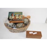 WICKER BASKET CONTAINING ITEMS INCLUDING BOXED SET OF DOMINOES, WADDINGTONS SHOP CARD GAME ETC