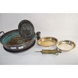LARGE COPPER BOWL CONTAINING QUANTITY OF PLATED SERVING DISHES AND KNIVES