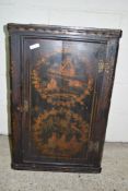 SMALL PAINTED WOOD CORNER WALL CABINET WITH DECORATIVE ILLUSTRATIONS OF MAN ON HORSEBACK ETC,