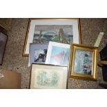 BOX CONTAINING QUANTITY OF PICTURES, PRINTS IN WOODEN FRAMES