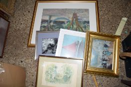 BOX CONTAINING QUANTITY OF PICTURES, PRINTS IN WOODEN FRAMES