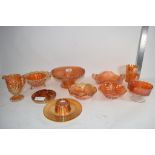 CARNIVAL GLASS WARES INCLUDING SMALL BOWL IN THE WILD ROSE PATTERN, SMALL VASE IN THE LATTICE AND